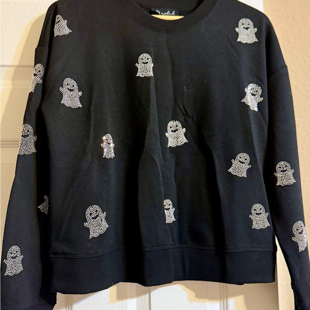 Black Sweatshirt with Rhinestone Ghosts